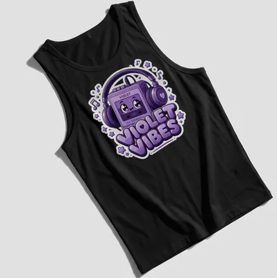 Kawaii retro cassette player t-shirt with the text 'VIOLET VIBES' in playful font — printed on a tank top