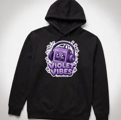 Kawaii retro cassette player t-shirt with the text 'VIOLET VIBES' in playful font — printed on a unisex hoodie