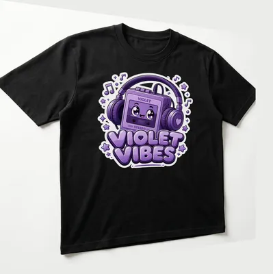 Kawaii retro cassette player t-shirt with the text 'VIOLET VIBES' in playful font — printed on a unisex t-shirt (angled view)