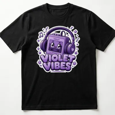 Kawaii retro cassette player t-shirt with the text 'VIOLET VIBES' in playful font