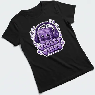 Kawaii retro cassette player t-shirt with the text 'VIOLET VIBES' in playful font — printed on a women's shirt