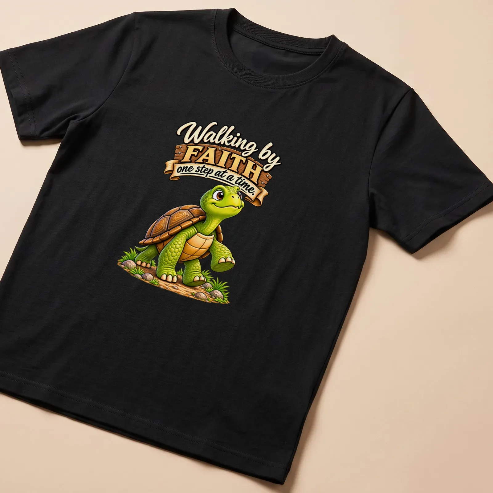 Cartoon turtle with text 'Walking by FAITH one step at a time.' in green and brown — printed on a unisex t-shirt