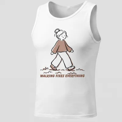Cute walking girl line-art t-shirt with text 'Walking Fixes Everything' in brown and beige — printed on a tank top
