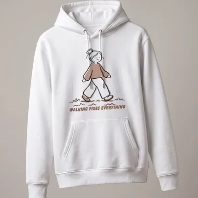 Cute walking girl line-art t-shirt with text 'Walking Fixes Everything' in brown and beige — printed on a unisex hoodie