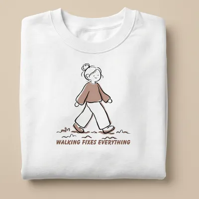 Cute walking girl line-art t-shirt with text 'Walking Fixes Everything' in brown and beige — printed on a unisex sweatshirt