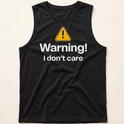 Warning sign graphic tee featuring bold text in yellow, black, and white — printed on a tank top