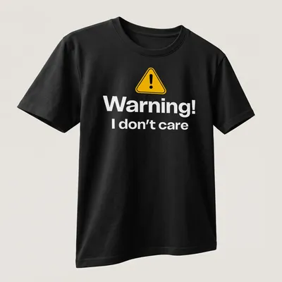 Warning sign graphic tee featuring bold text in yellow, black, and white — printed on a unisex t-shirt (angled view)