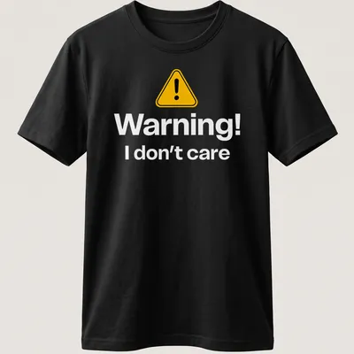 Warning sign graphic tee featuring bold text in yellow, black, and white