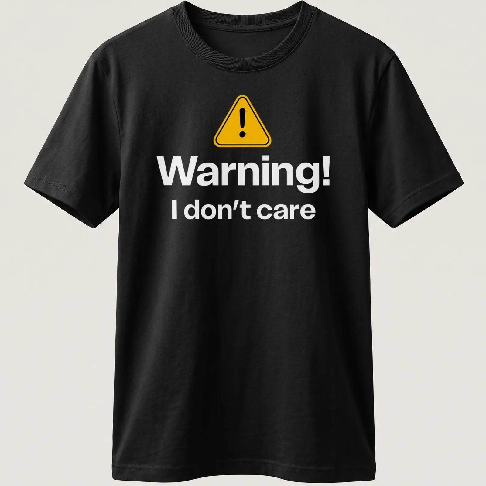 Warning sign graphic tee featuring bold text in yellow, black, and white — printed on a unisex t-shirt