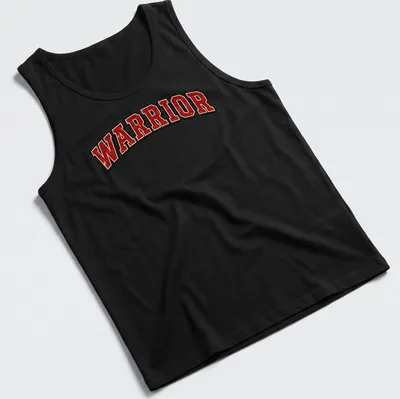 Distressed graphic tee featuring bold 'WARRIOR' text in red, black, and white — printed on a tank top