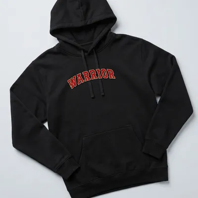 Distressed graphic tee featuring bold 'WARRIOR' text in red, black, and white — printed on a unisex hoodie