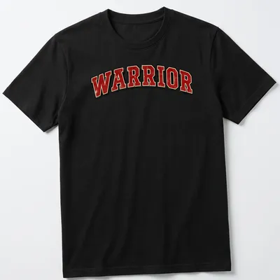 Distressed graphic tee featuring bold 'WARRIOR' text in red, black, and white