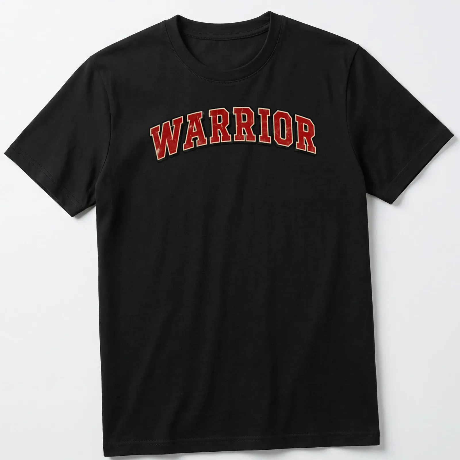 Distressed graphic tee featuring bold 'WARRIOR' text in red, black, and white — printed on a unisex t-shirt
