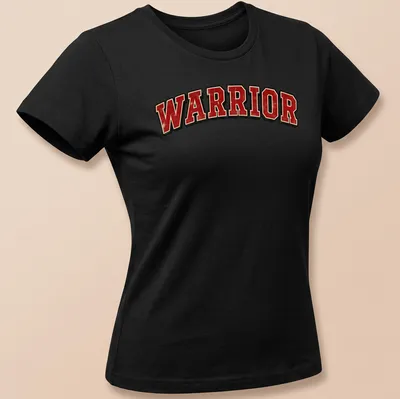 Distressed graphic tee featuring bold 'WARRIOR' text in red, black, and white — printed on a women's shirt