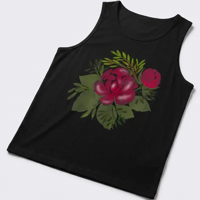 Watercolor print of pink rose flowers with green leaves on a — printed on a tank top