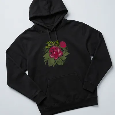 Watercolor print of pink rose flowers with green leaves on a — printed on a unisex hoodie
