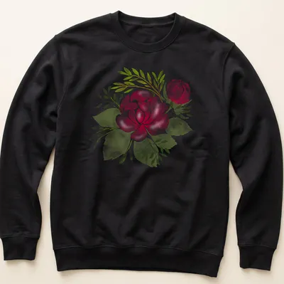 Watercolor print of pink rose flowers with green leaves on a — printed on a unisex sweatshirt