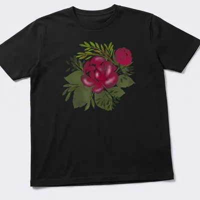 Watercolor print of pink rose flowers with green leaves on a t-shirt
