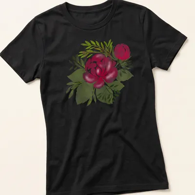 Watercolor print of pink rose flowers with green leaves on a — printed on a women's shirt