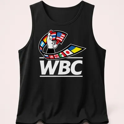 Bold graphic of a boxer in gloves with WBC lettering in multiple colors — printed on a tank top