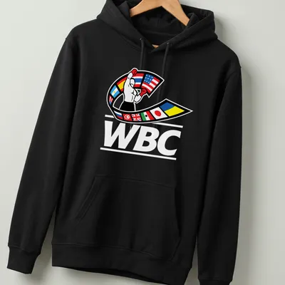 Bold graphic of a boxer in gloves with WBC lettering in multiple colors — printed on a unisex hoodie