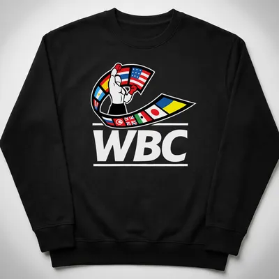 Bold graphic of a boxer in gloves with WBC lettering in multiple colors — printed on a unisex sweatshirt