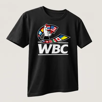 Bold graphic of a boxer in gloves with WBC lettering in multiple colors — printed on a unisex t-shirt (angled view)