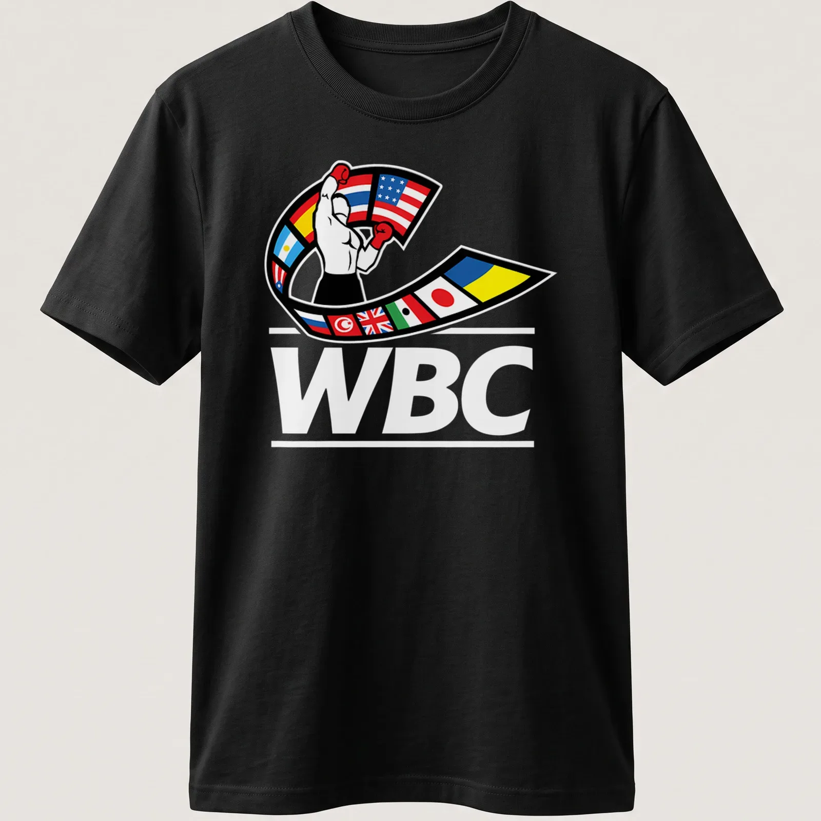 Bold graphic of a boxer in gloves with WBC lettering in multiple colors — printed on a unisex t-shirt