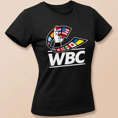 Bold graphic of a boxer in gloves with WBC lettering in multiple colors — printed on a women's shirt