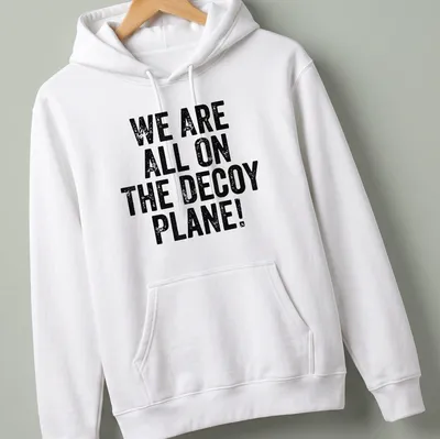 Vintage political humor shirt with text: WE ARE ALL ON THE DECoy PLANE! — printed on a unisex hoodie