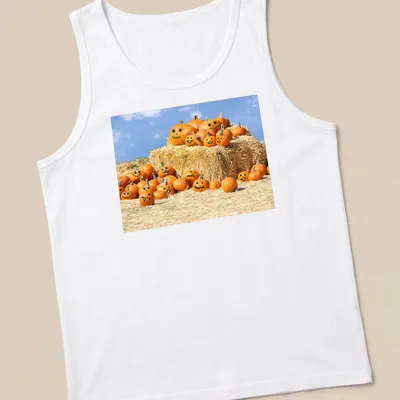 Cartoonish design of smiling pumpkins with text 'We're Ready, Come And Get Us' — printed on a tank top
