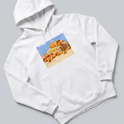 Cartoonish design of smiling pumpkins with text 'We're Ready, Come And Get Us' — printed on a unisex hoodie