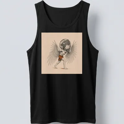 Illustration of an angel carrying the world in earthy tones with flowing script above. — printed on a tank top