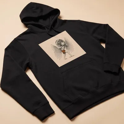 Illustration of an angel carrying the world in earthy tones with flowing script above. — printed on a unisex hoodie