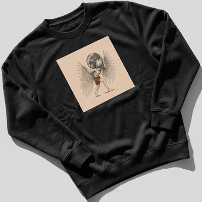 Illustration of an angel carrying the world in earthy tones with flowing script above. — printed on a unisex sweatshirt