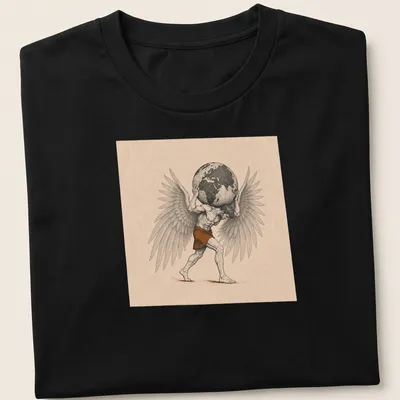 Illustration of an angel carrying the world in earthy tones with flowing script above.