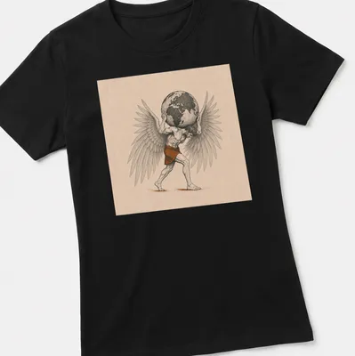 Illustration of an angel carrying the world in earthy tones with flowing script above. — printed on a women's shirt