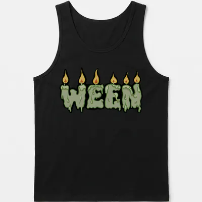 Cartoon-style shirt featuring melting candles and WEEN text in bold colors — printed on a tank top
