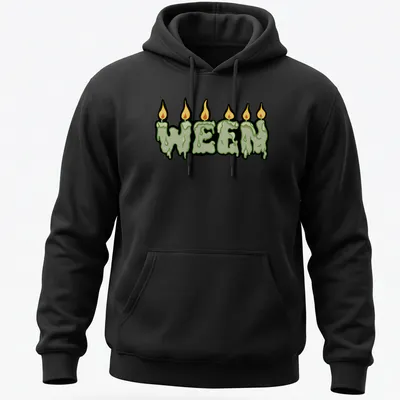 Cartoon-style shirt featuring melting candles and WEEN text in bold colors — printed on a unisex hoodie