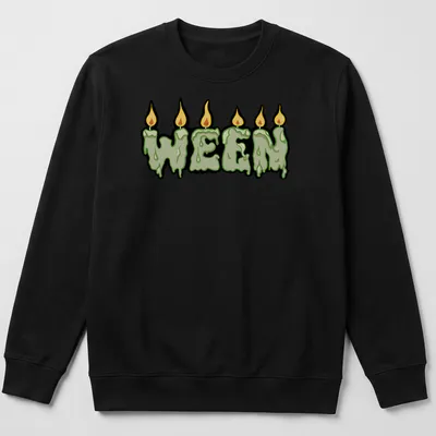 Cartoon-style shirt featuring melting candles and WEEN text in bold colors — printed on a unisex sweatshirt