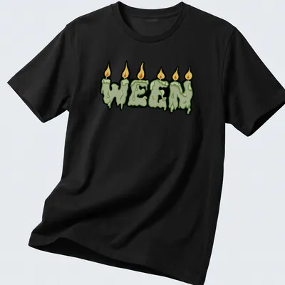 Cartoon-style shirt featuring melting candles and WEEN text in bold colors