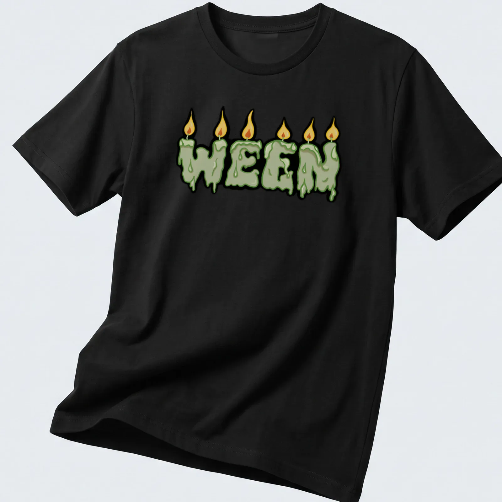 Cartoon-style shirt featuring melting candles and WEEN text in bold colors — printed on a unisex t-shirt