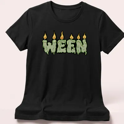 Cartoon-style shirt featuring melting candles and WEEN text in bold colors — printed on a women's shirt
