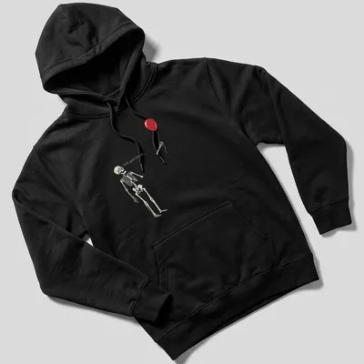 Humorous illustration of a skeleton holding a red balloon with quirky text — printed on a unisex hoodie