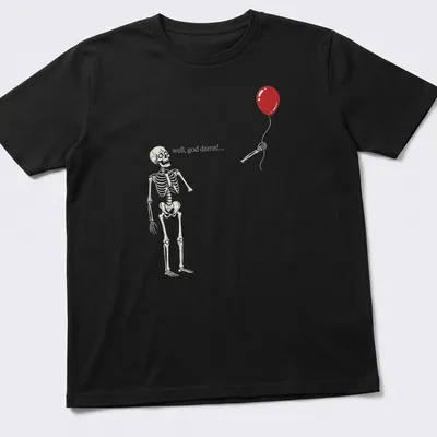 Humorous illustration of a skeleton holding a red balloon with quirky text