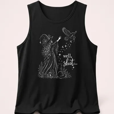 Whimsical illustration of a witch with cat and bird, featuring humorous text — printed on a tank top