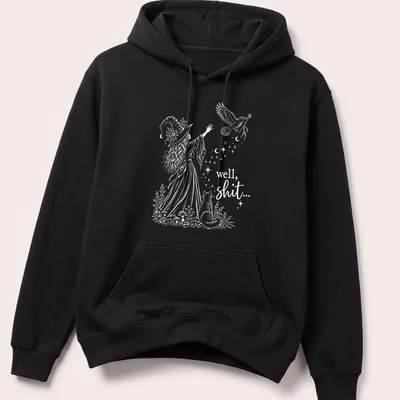 Whimsical illustration of a witch with cat and bird, featuring humorous text — printed on a unisex hoodie
