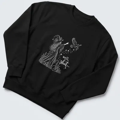 Whimsical illustration of a witch with cat and bird, featuring humorous text — printed on a unisex sweatshirt