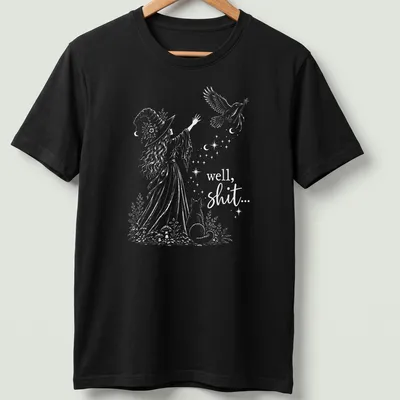 Whimsical illustration of a witch with cat and bird, featuring humorous text