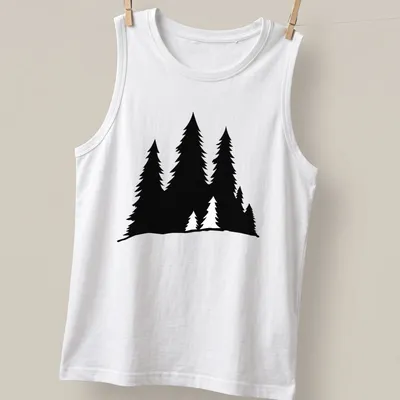 Silhouette design of pine trees in black on a white — printed on a tank top